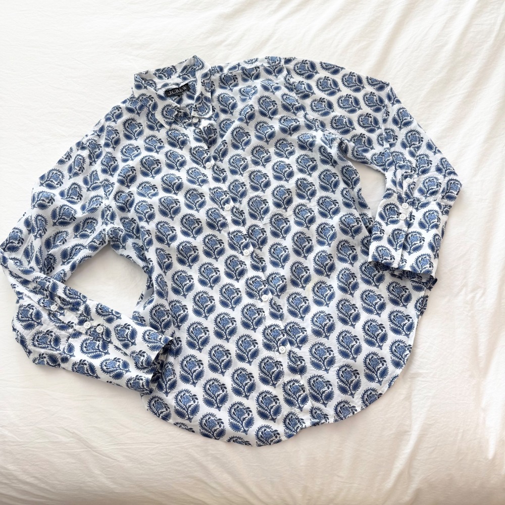 J.Crew Garçon Cotton Voile Shirt Blue Bouquet Block Print Size 8 - Picture 2 of 7